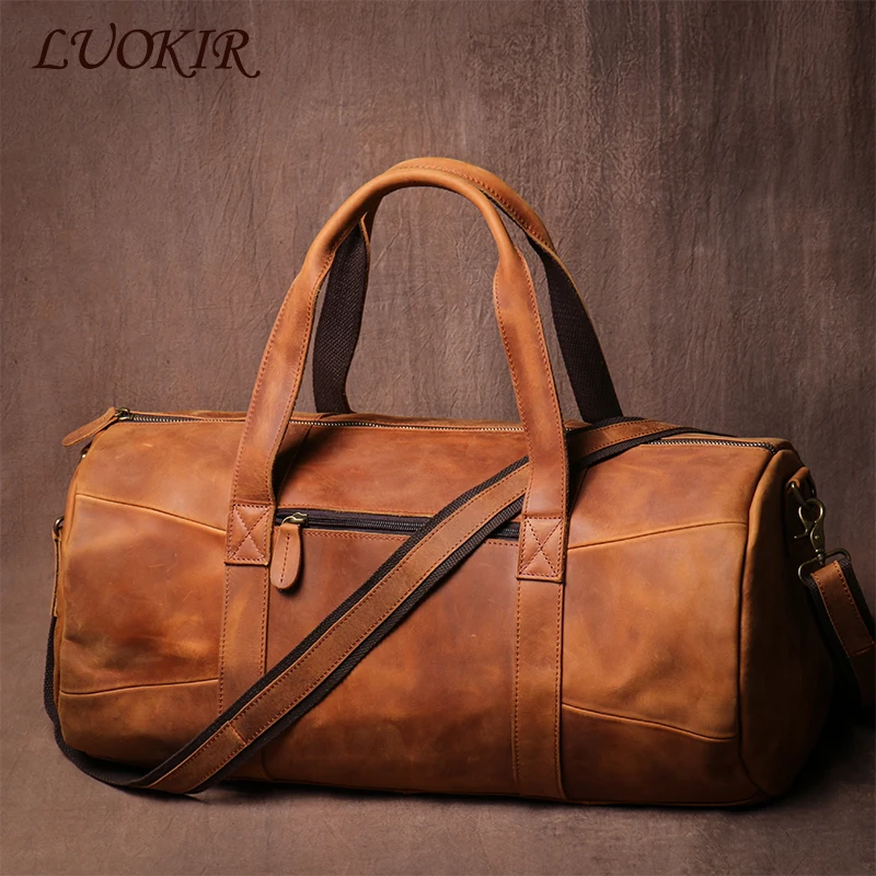 LUOKIR Luxury Genuine Leather Travel Bag Vintage Crazy Horse Cowhide Shoulder Luggage Bag Men Casual Handbag Weekend Duffle Bag