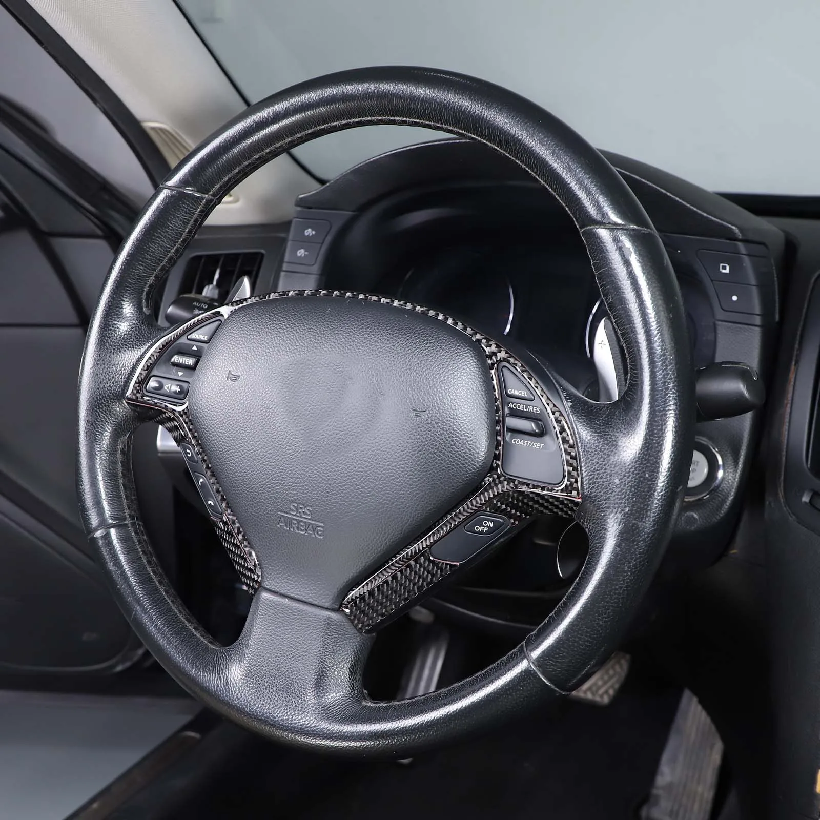

For 2007-2013 Infiniti G25 G35 G37 Soft Carbon Fiber Car Steering Wheel Button Frame Panel Trim Sticker Accessories