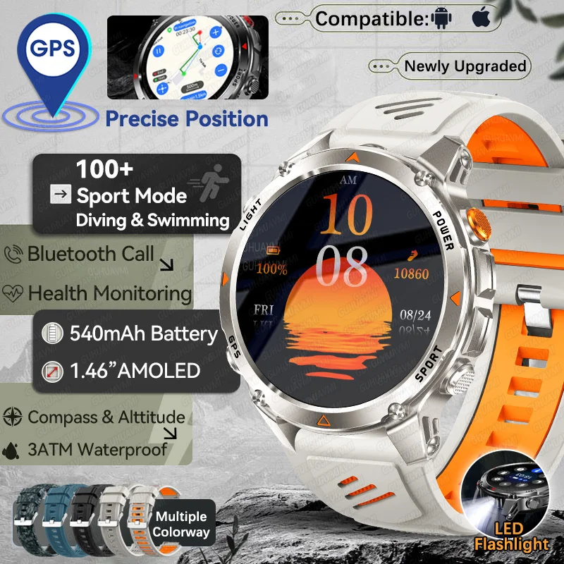 

2025 GPS Спортивные Смарт-часы для фитнеса Мужские 3ATM Водонепроницаемый компас 100 + спортивный режим Компас Фонарик BT Call 540 мАч 1,46 "Браслеты