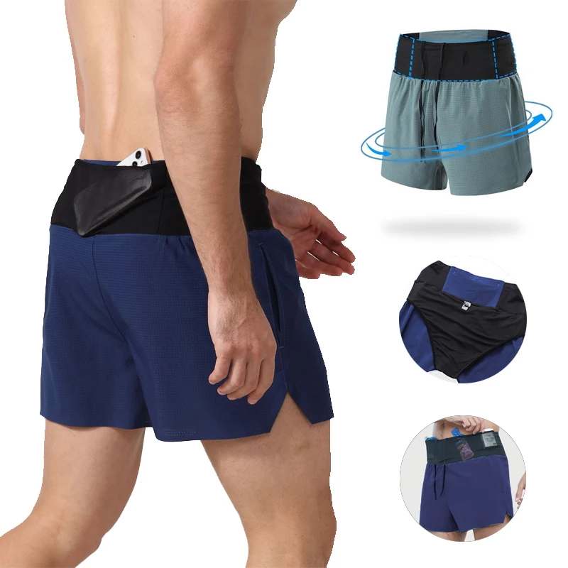 Men Running Shorts Marathon Lightweigt Quick Dry Double Layer Sport Shorts With Fanny Pack Multi-Pockets Workout Jogging Bottoms