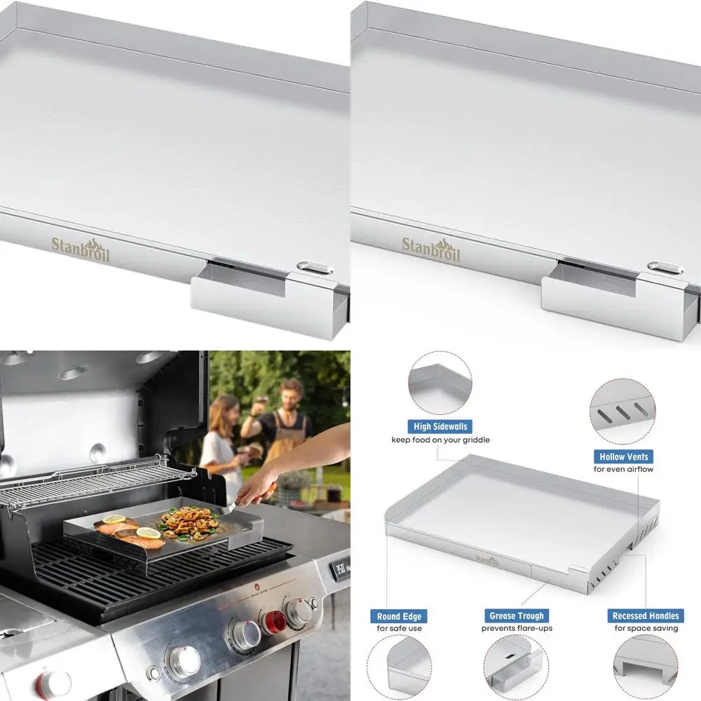 

Rectangular Stainless Steel Griddle, 23 x 16, Universal for Charcoal/Gas Grills with Detachable Grease Tray