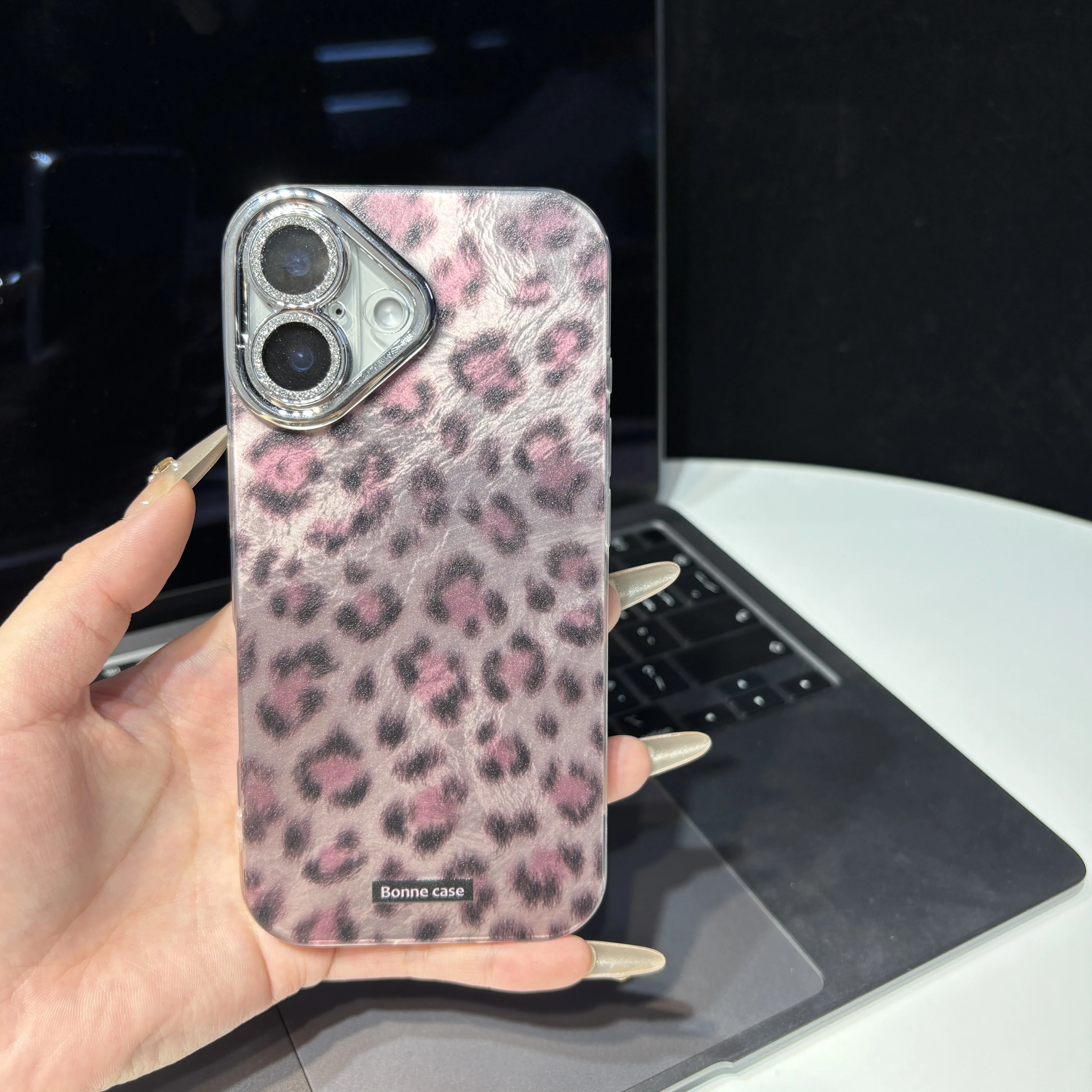 Pink Purple Fleck Leopard Print Glacial Streak with Glass Lens Protecto Cover Case for iPhone 11 12 13 14 15 16 17 Pro Max Air
