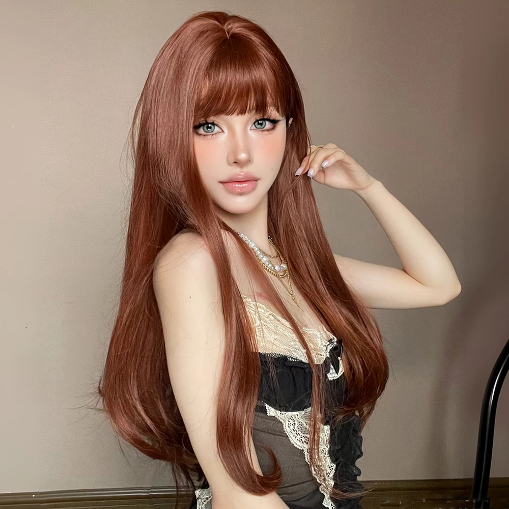 Synthetic Wig Long Straight Dirty orange 26 Inch Wig With Bangs Daily Women Party Cosplay Wig Fashion Heat Resistant Wig
