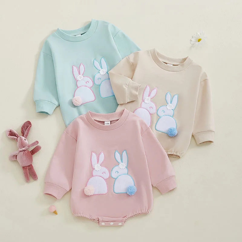 2025 Easter Day Baby Clothes Bunny Bodysuit Pink One Piece O Neck  Hoodie Style Toddler Girls Outfit