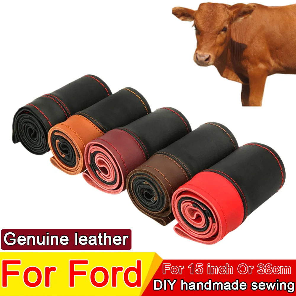 New DIY Car Steering Wheel Cover Ultrathin Genuine Leather Protective Cover For Ford Focus 2 3 4 5 Mondeo MK2 MK3 MK4 MK7 Fiesta