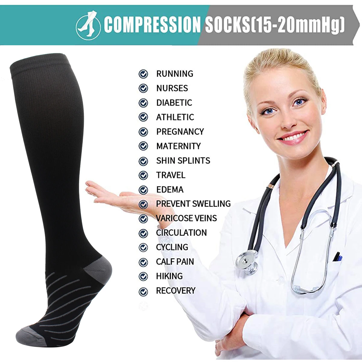 6 Pairs Women and Men Copper Black Compression Socks Anti-Fatigue Pain Relief Graduated Compression 15-20mmHg Sport Socks