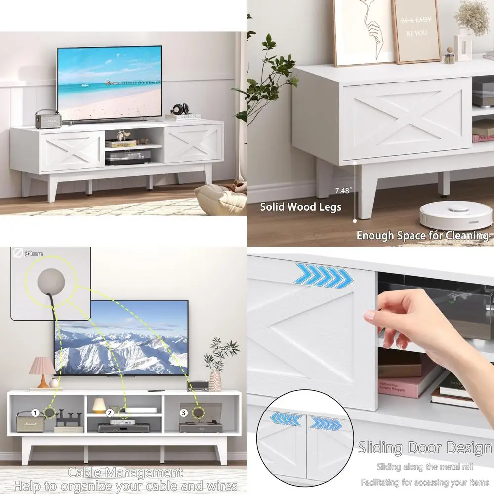 Rustic Farmhouse Style TV Stand for 55-65 Inch TVs with Sliding Doors and Storage Shelves