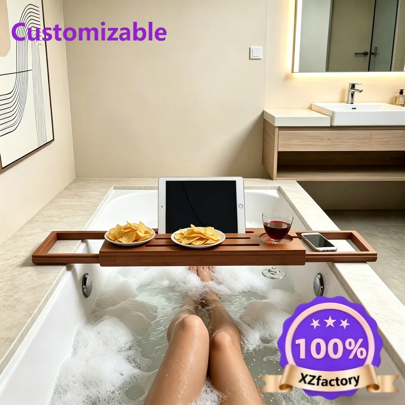 Factory Direct 2026 Top RatedBamboo Multifunctional Retractable Bath Tray Bath Spa Books Wine Tablet Holder Bathroom Accessories