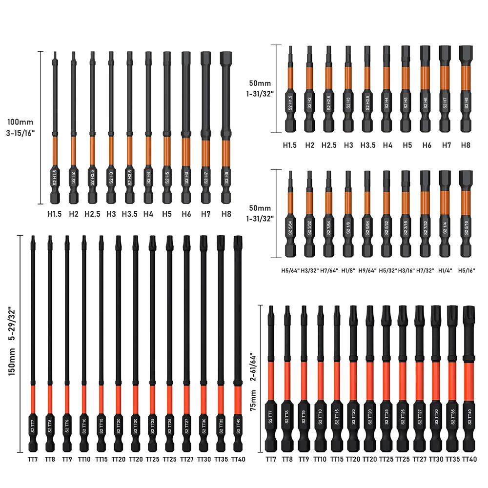 Impact Torx Bit Set-3/6 Inch  (T7-T40) & Impact Hex Head Allen Wrench Drill Bit Set-2/4 Inch  (H1.5-H8)  With CNC Machined Tips,