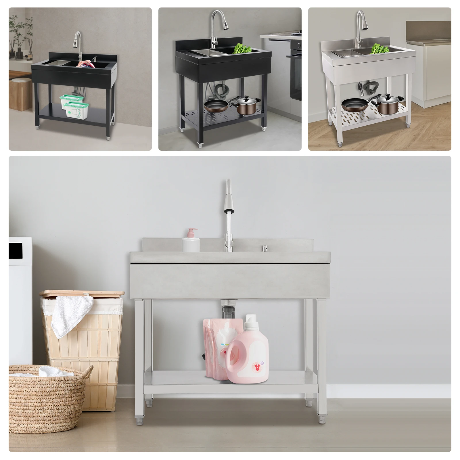 Évier utilitaire autoportant en acier inoxydable 75x42cm/55x36cm, éviers pour linge et salle utilitaire, bol simple rectangulaire noir/argent