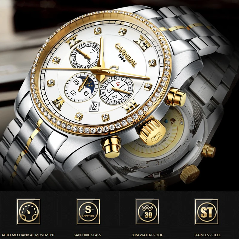 CARNIVAL Luxury Diamond Watch 2024 New Fashion Men Mechanical Watch Watches Stainless Steel Strap Luminous Waterproof Reloj 8734