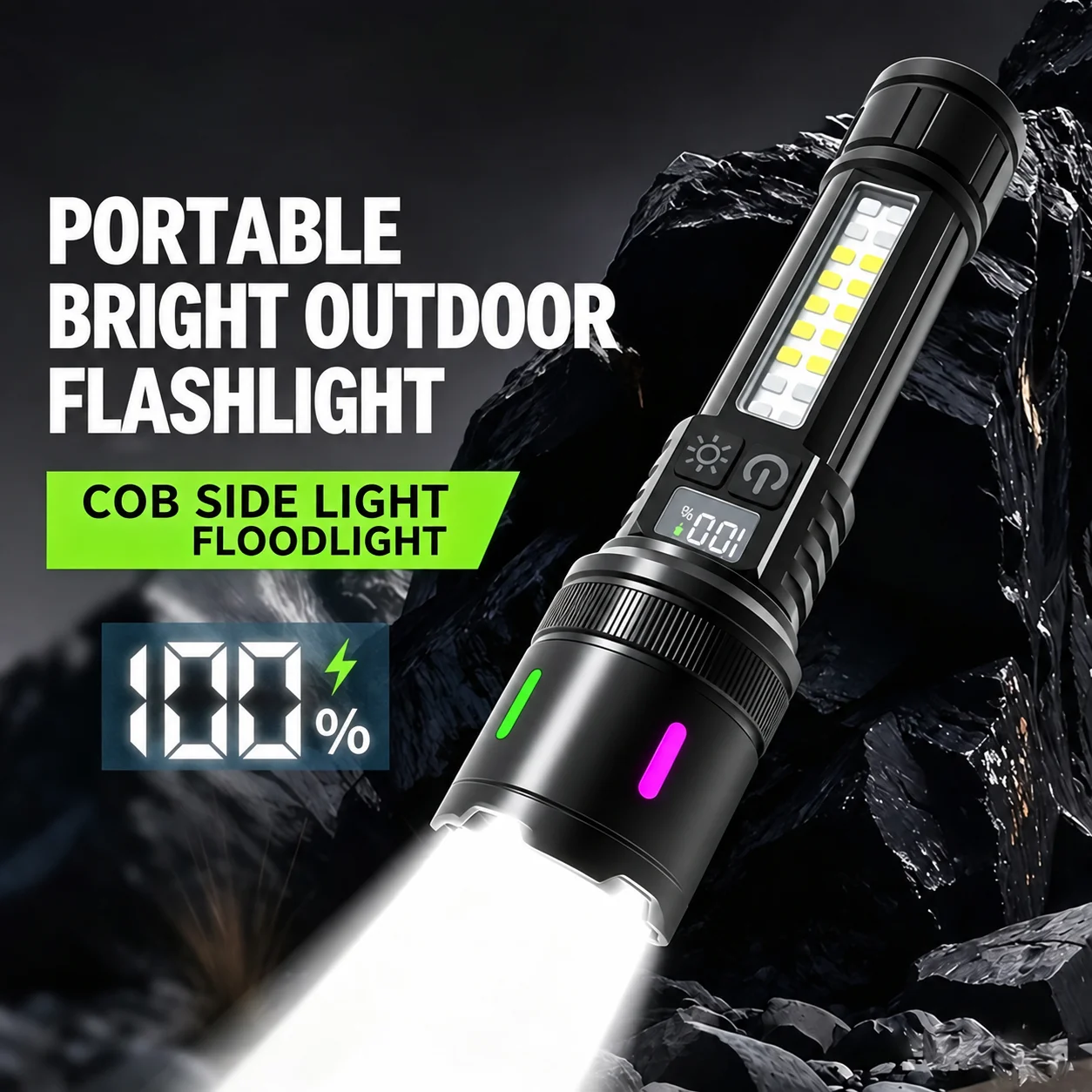Multi-Purpose Rechargeable Led Lighting Lamp, a Combination of Strong Light Zoom Flashlight and Side Floodlight, with Multiple Brightness Levels, Digital Power Display, for Emergency Use and Nighttime Maintenance.