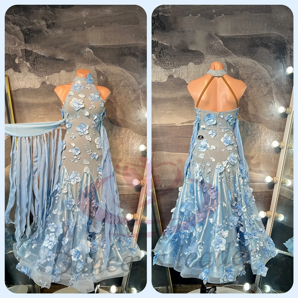 

Костюм для латинских танцев для женщин, взрослых, детей, элитный индивидуальный синий трехмерный цветок, современное платье для вальса