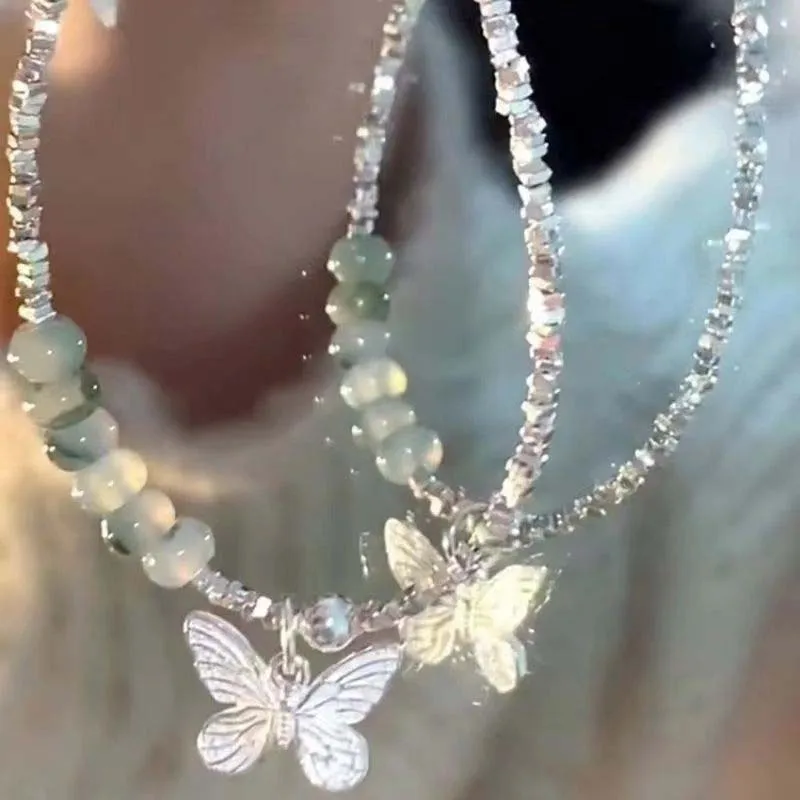 جديد الأخضر كريستال فراشة شكل قلادة سوار للنساء موضة المعادن غير النظامية هندسية مطرز سلسلة سوار مجوهرات