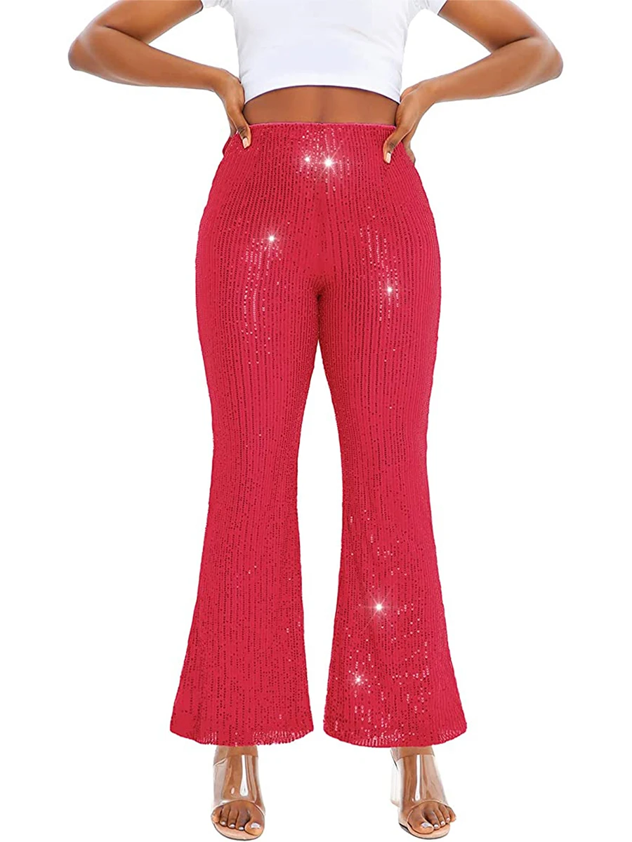 Moda donna pantaloni con fondo a campana scintillanti pantaloni a gamba larga con paillettes lucide Glitter Concert Club pantaloni svasati Party Clubwear