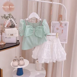 Fashion Baby girl Princess Clothes Set Puff Sleeve Sweatshirt+Skirt 2PCS Toddler Child Bow Pearl Summer Baby Clothing Suit 1-7Y