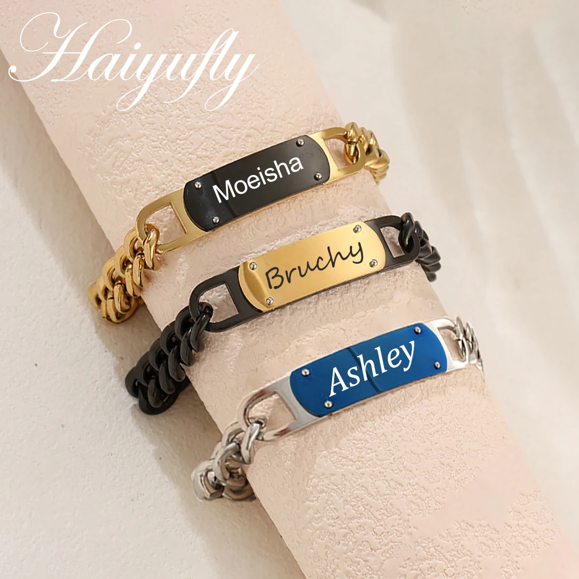 Haiyufly Engrave Name Bracelet for Women Men Stainless Steel Jewelry 10mm Thick Cuban Chain Welding Bar Bangle Personalized Gift
