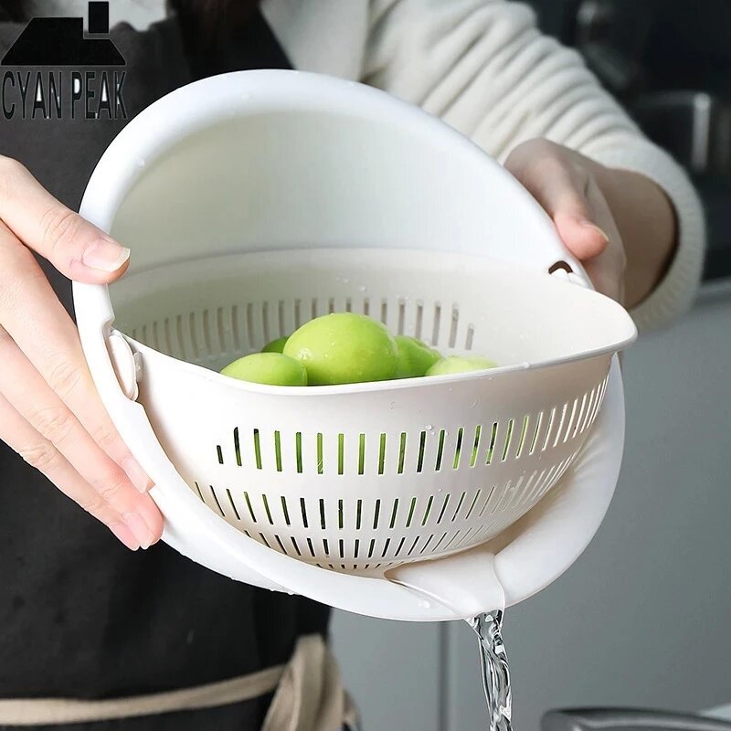  Kitchen Fruit Tray Removable Double Layer Fruit And Vegetable Basin Draining Basket Creative Household Rotating Washing Basket 
