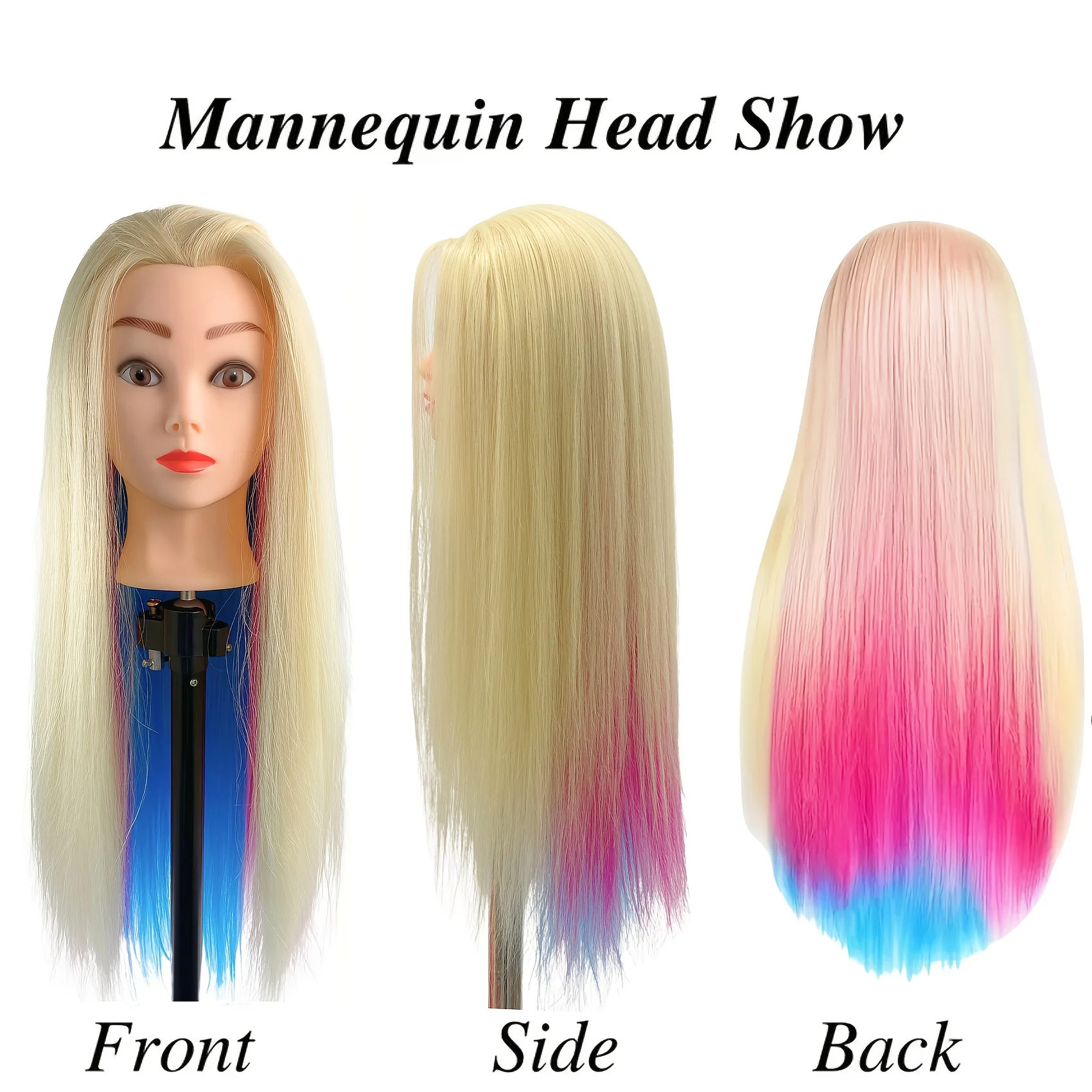 Testa di manichino con capelli colorati da 26 pollici, capelli sintetici ad alta temperatura, per esercitazioni di intrecciare i capelli e esposizione di modellismo