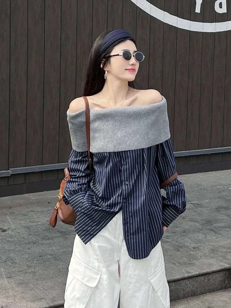 Superbe rayé irt une épaule Design belle début d'automne Aosphère sentiment vêtements grande taille femmes Faion