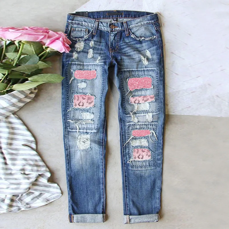 Women's Distressed Ripped Straight Leg Jeans, Pink Leopard Patchwork Rolled Cuff Vintage Washed Denim Pants Frayed Holes Casual