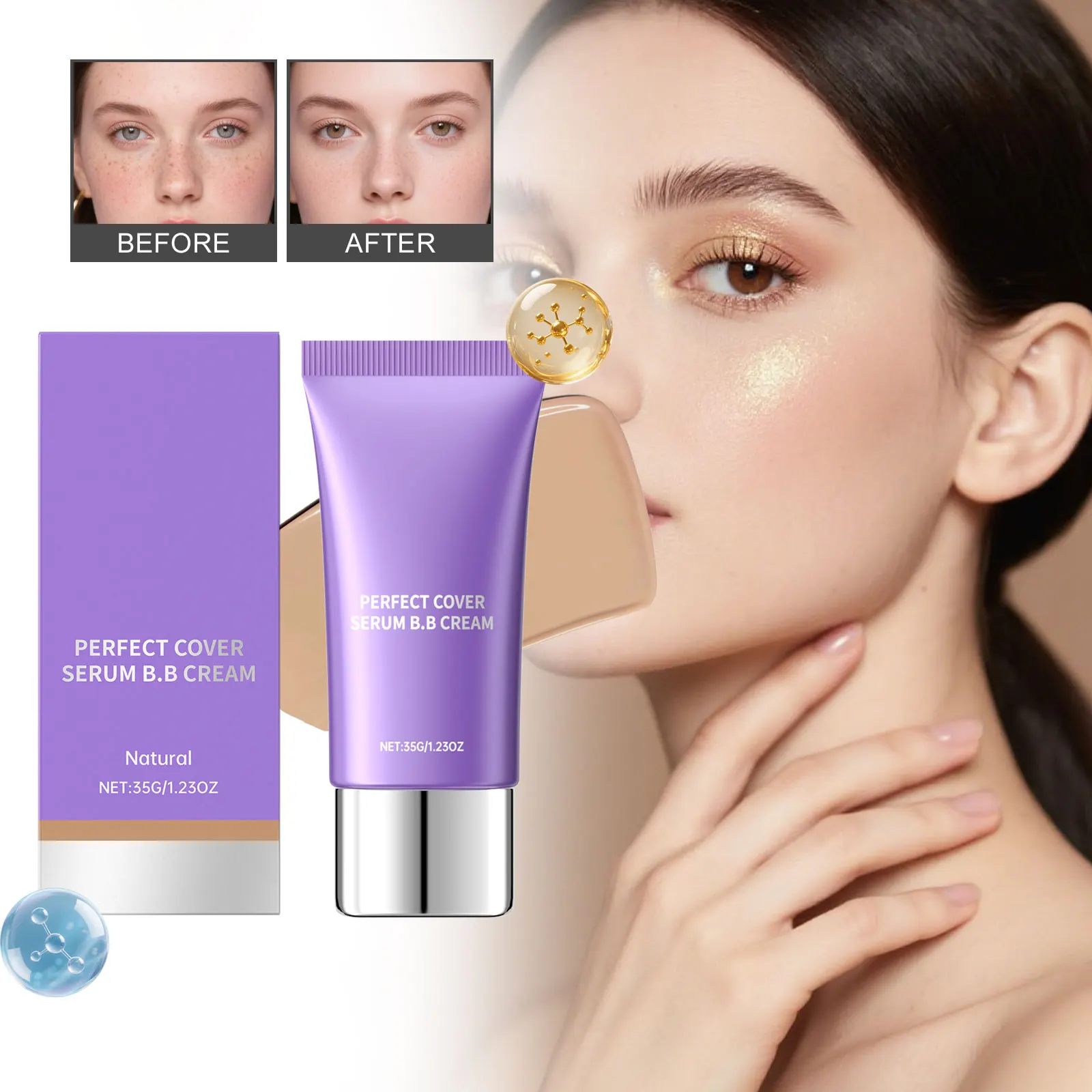 كريم بي بي مقاوم للماء يدوم طويلاً للنساء، مظهر طبيعي قابل للبناء، كريم أساس مرطب خفيف، هدية مكياج للي #1