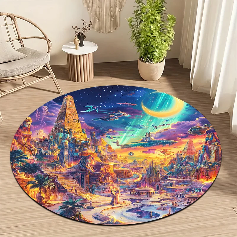 Ancient City Science Fiction Flannel-printed round floor mats are slip-resistant Suitable for living room terrace garden carpets