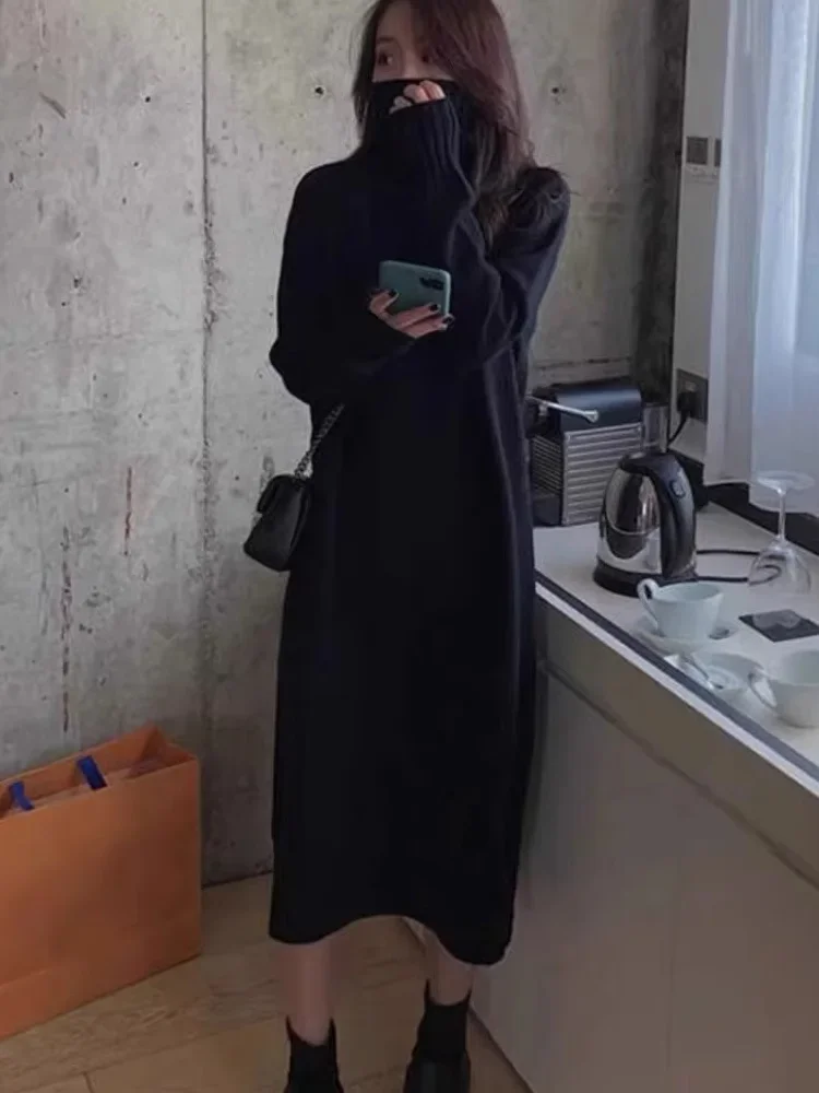 High Street Women Dress 100% Merino Wool Long Pullover Sweater Winter Clothes Daily High Neck Knit Warm Maxi Skirt Casual Dress