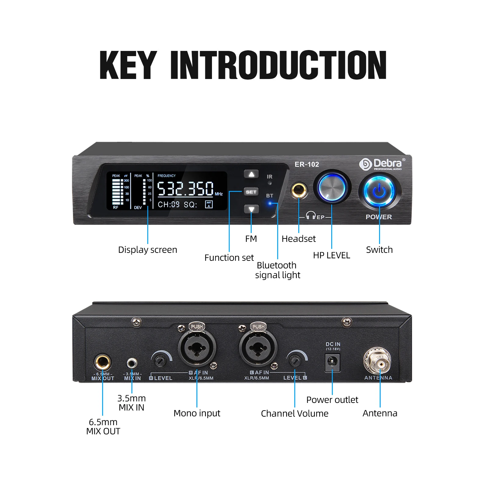 Debra ER-102 Professionelles kabelloses In-Ear-Monitorsystem, UHF-Band mit Bluetooth 5.0-Unterstützung, für Bühnenauftritte, Schlagzeuger – Detail 14