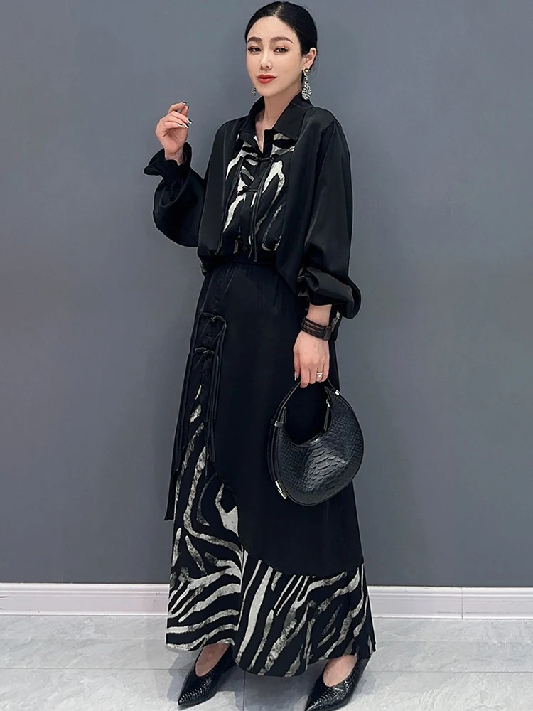 SHENGPALAE 2024 Spring Summer New 2 Piece Set Chinese Style Spliced Long Sleeved Shirt Long Skirt Elegant Women Clothes 5R9787