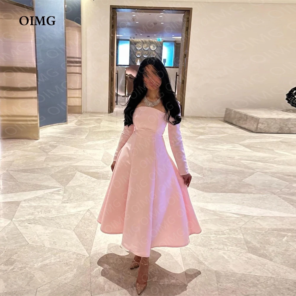 

OIMG Light Pink atin A Line Suadi Dubai Formal Night Evening Dresses Full Sleeves Strapless Arabic Event Party Prom Gown Gowns