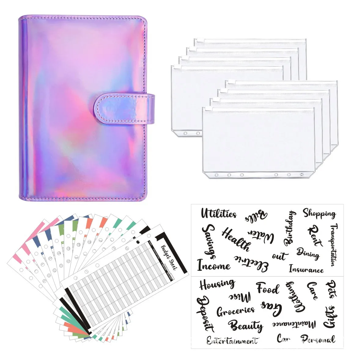 A6 Budget Binder, Money Saving Binder with Zipper Envelopes, Cash Envelopes and Expense Budget Sheets for Budgeting