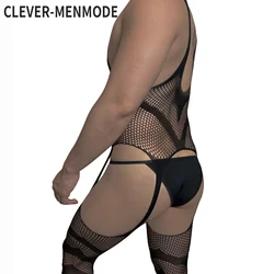 CLEVER-MENMODE Men Sexy Fishnet Bodysuit Jumpsuit Pantyhose Suspender Stockings Crossdress Garter Belt Lingerie Crotchless