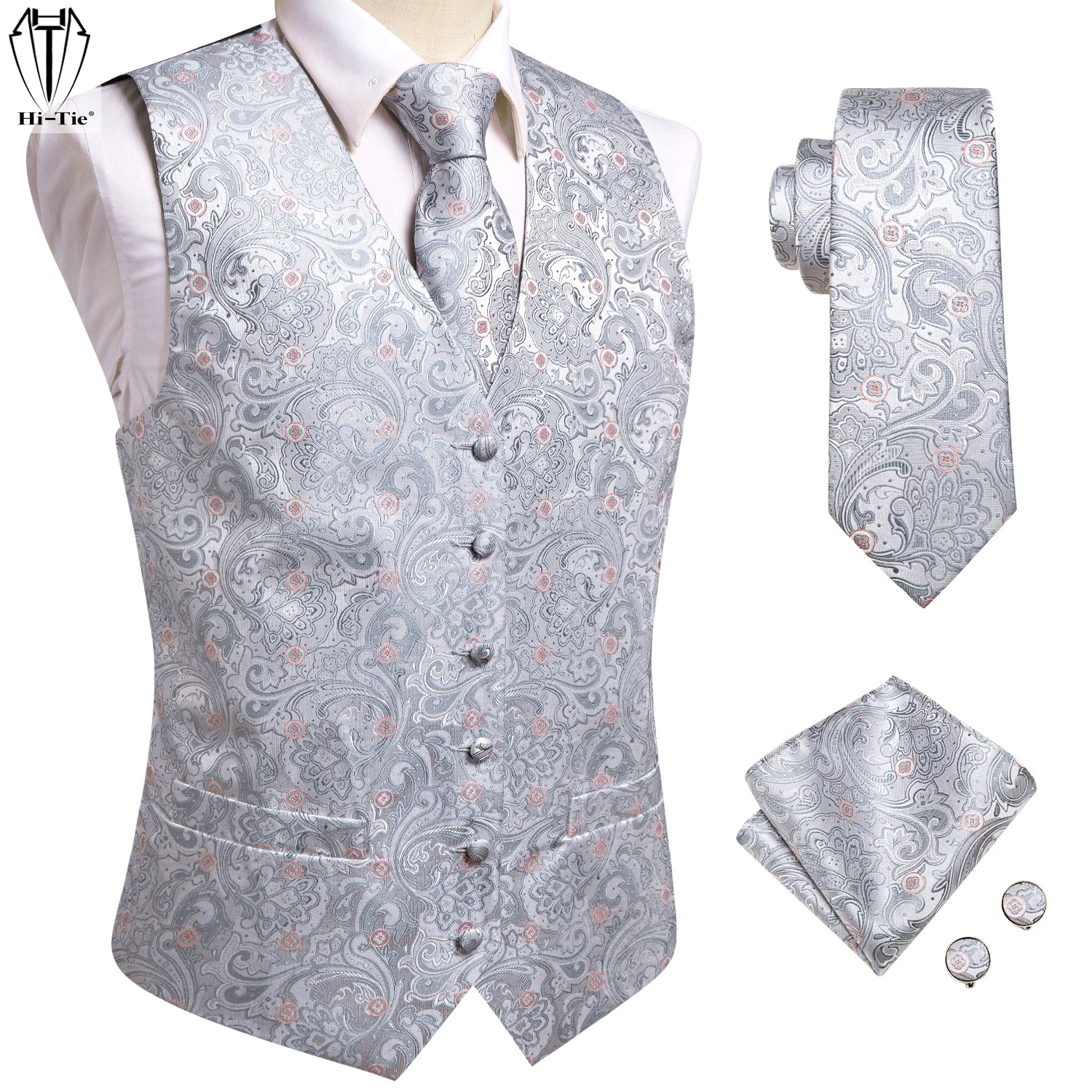 

Hi-Tie Silver Gray Silk Men Vest Hankerchief Cufflinks Set Jacquard Floral Suit Waistcoat Sleeveless Jacket for Wedding Business