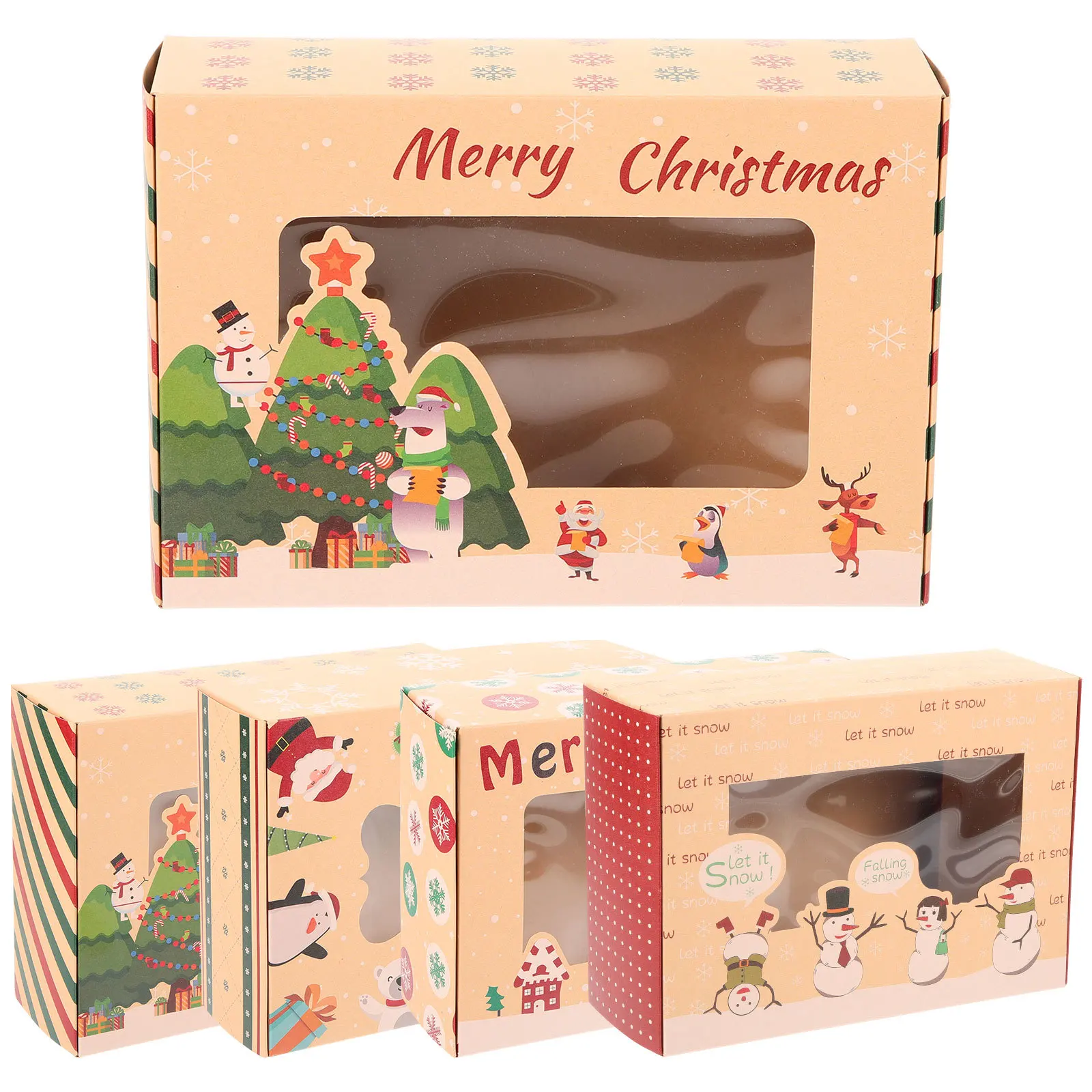 

5Pcs Christmas Bakery Paper Boxes Clear Window Snowman Cookie Gift Packaging Party Decorations Candy Treat Box