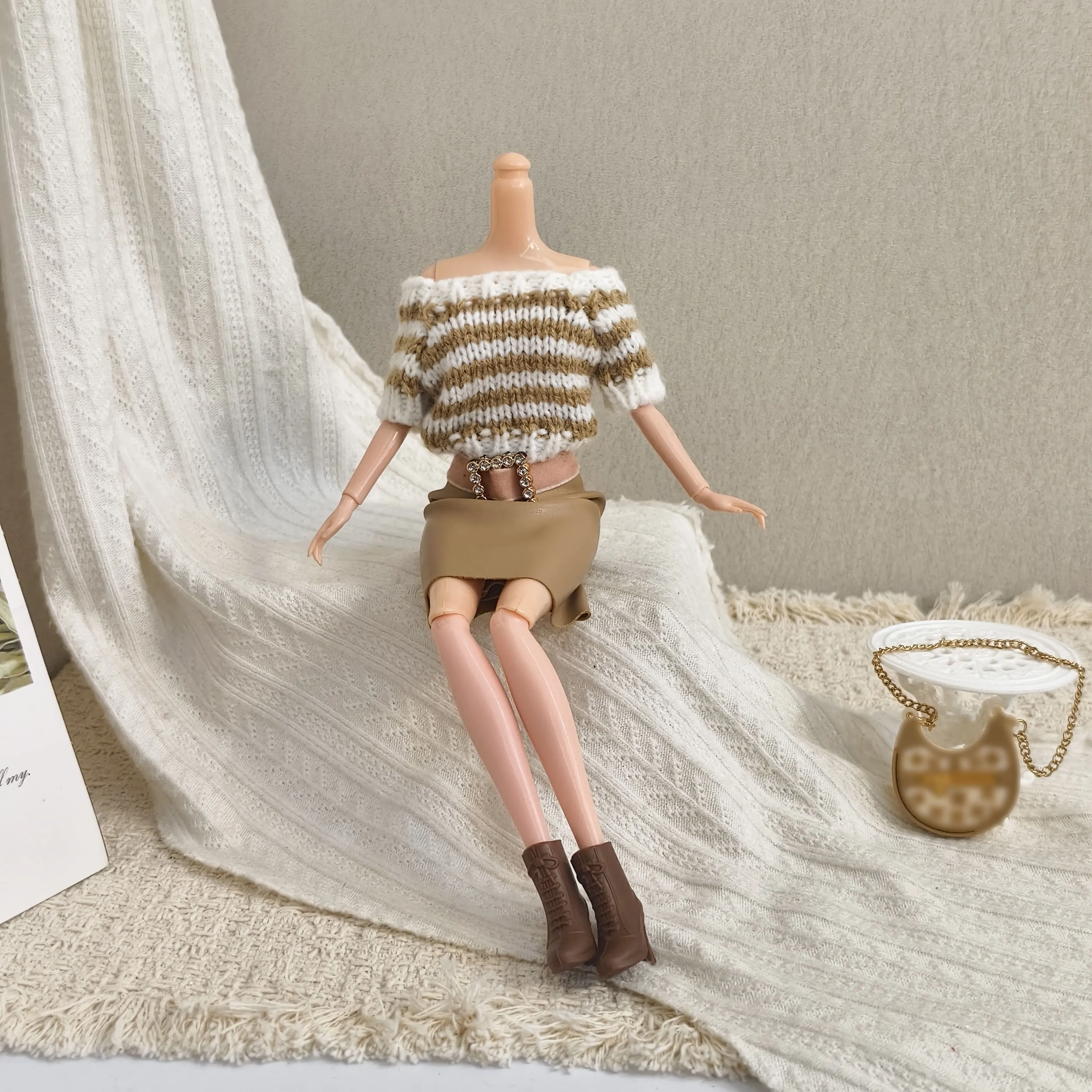 1/6 Doll Clothes Accessories Winter Trendy Striped Knitted Top+Leather Skirt+High Heels For 30cm Babi Supermodel Doll Dress Up