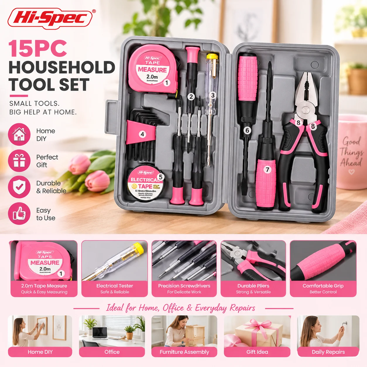 Hi-Spec 15pc Pink Yellow Household Tool Set Home & Office Hand Tool Kit Gril Lady Women Home DIY Gift Tools Pliers Spirit Level