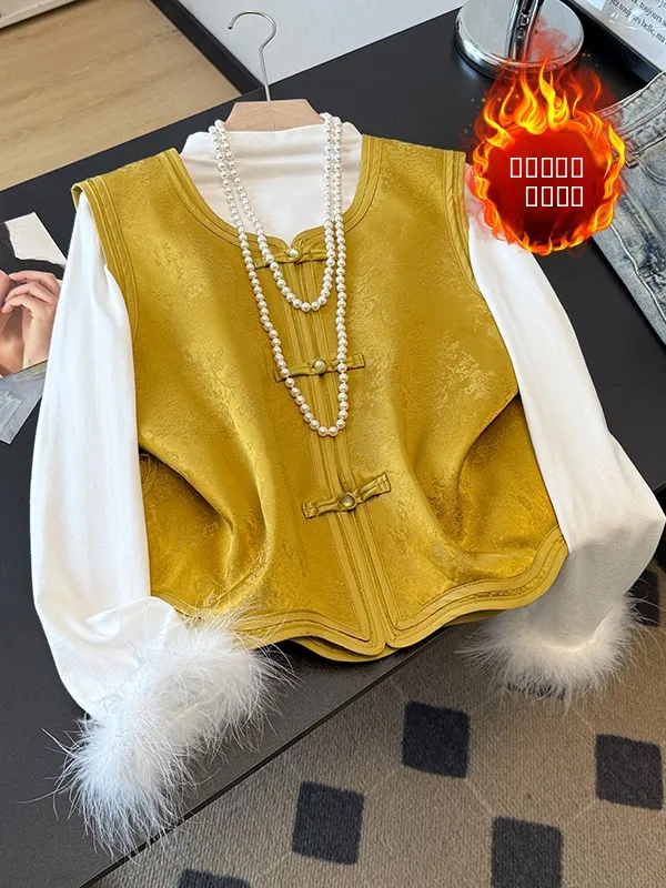 

Новый китайский атласный джет, женский круглый хлопковый теплый топ с вышивкой, дизайн на пуговицах, традиционная национальная мода