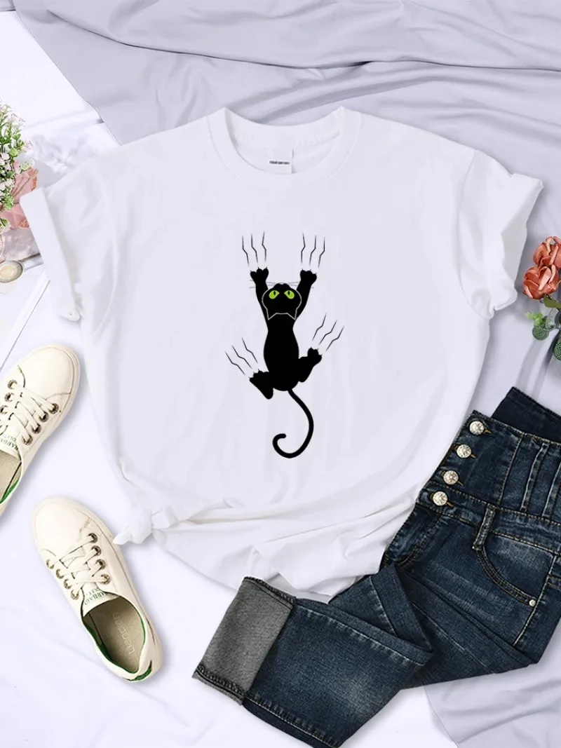 

Naughty Black Cat Printed Women Tee Clothing Casual Breathable Short Sleeve Vintage Summer O-Neck Tops Fashion Womans T-Shirts