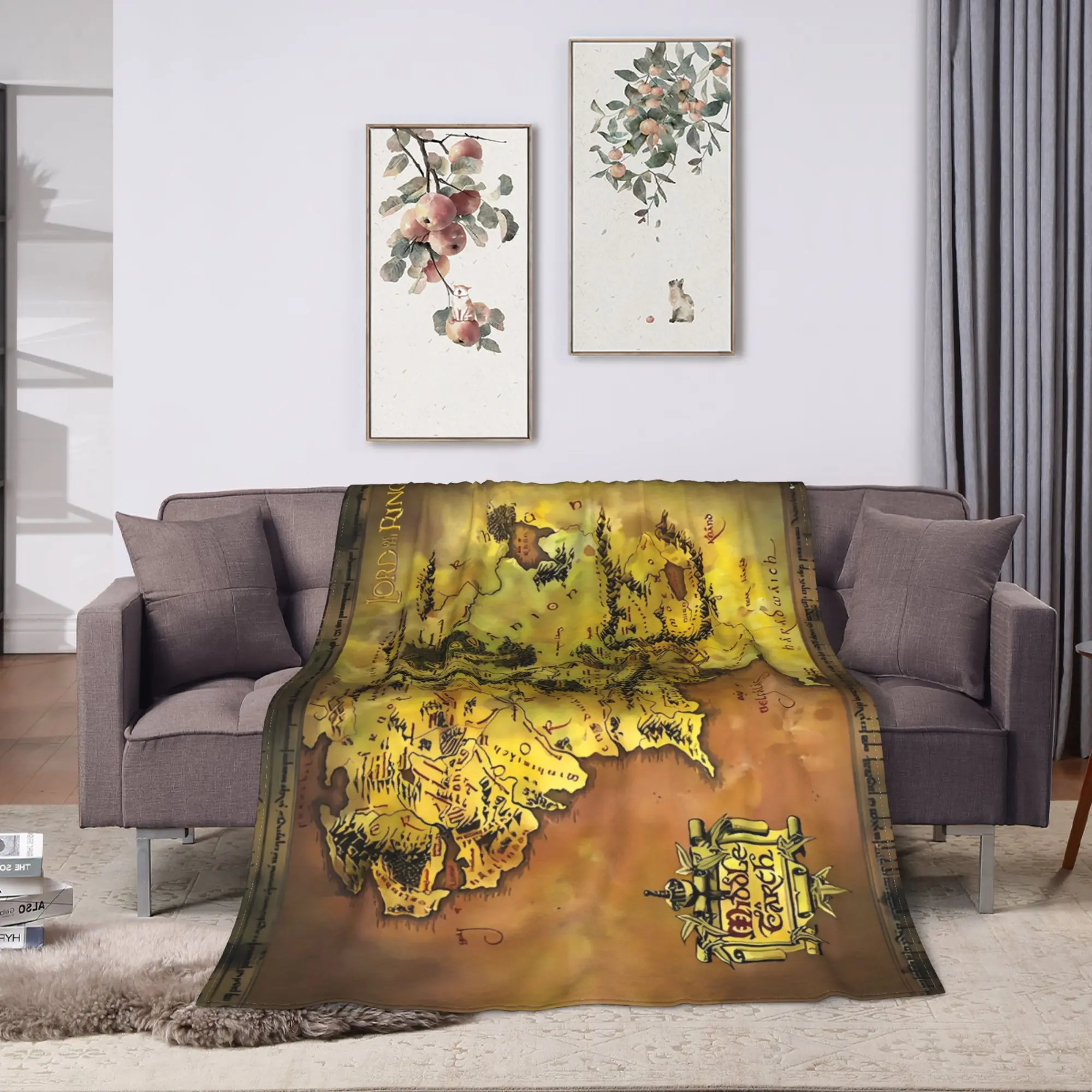L-Lords Of The R-Rings Map Tolkien Books Literature Middle Earth Flannel Blankets Soft Warm Throw Blanket for Couch Sofa Bed