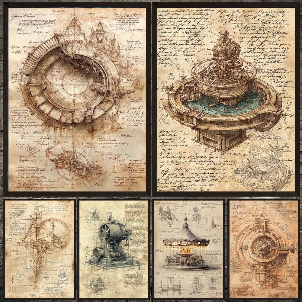 Industrial Mechanism Blueprint Vintage Wall Art Canvas Painting,Invention Drawings Antiques Art Poster And Print Home Decor