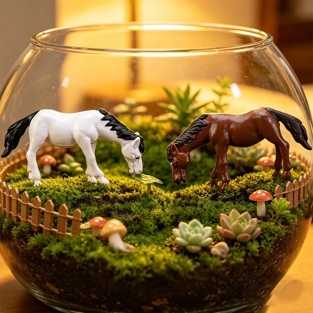 2PCS Mini Fairy Garden Cartoon Statue Craft Home Car Cake Decor White Brown Horse Figurine Miniature Similated Aniaml Decoration