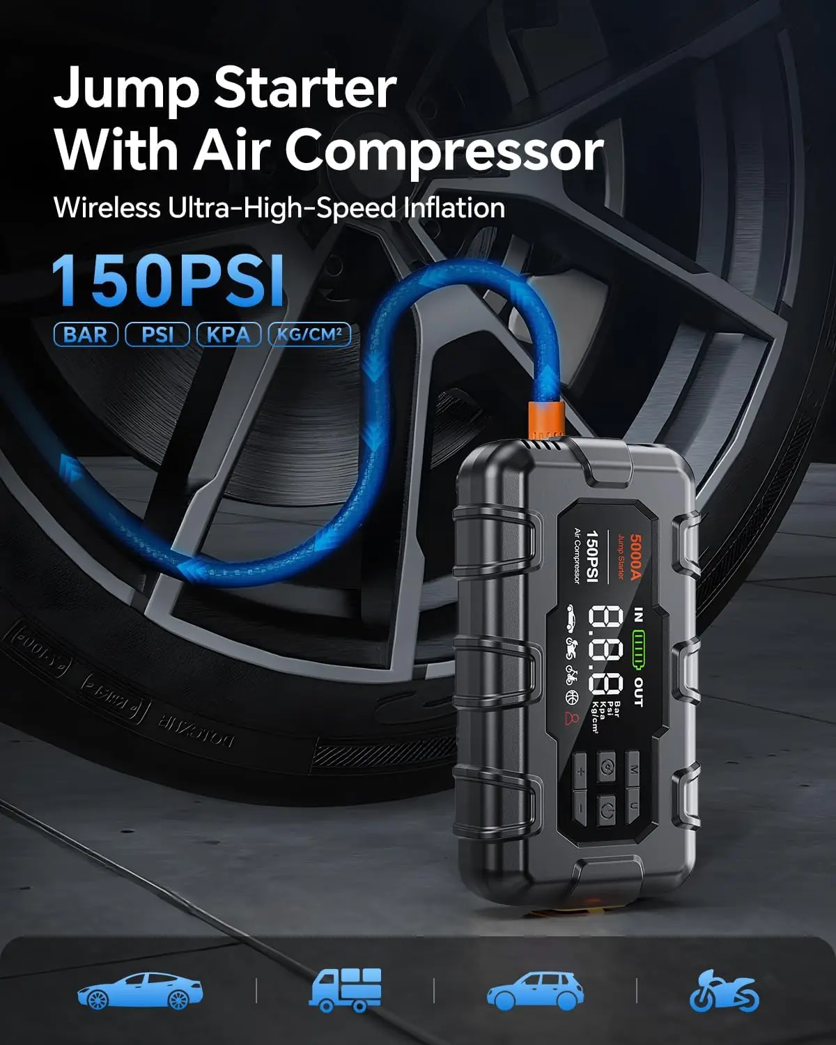 Jump Starter 5000A، 12V مع ضاغط هواء، PD 45W، ضوء LED، كابلات توصيل، شاشة، حقيبة تخزين