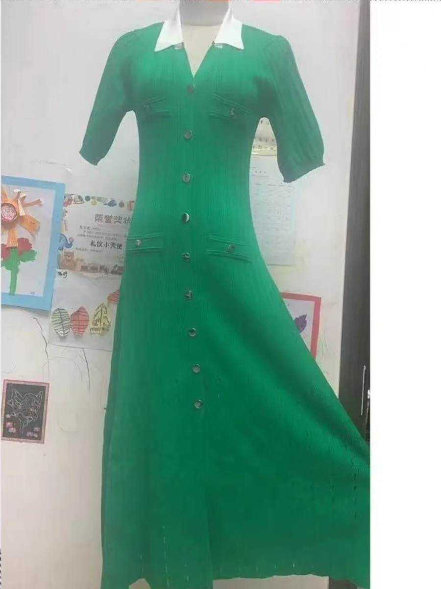 2024 Summer Knitted Dresses For Women Elegant V-Neck Short Sleeve Hollow Out Slimming High Waist Chic New Party Long Dress