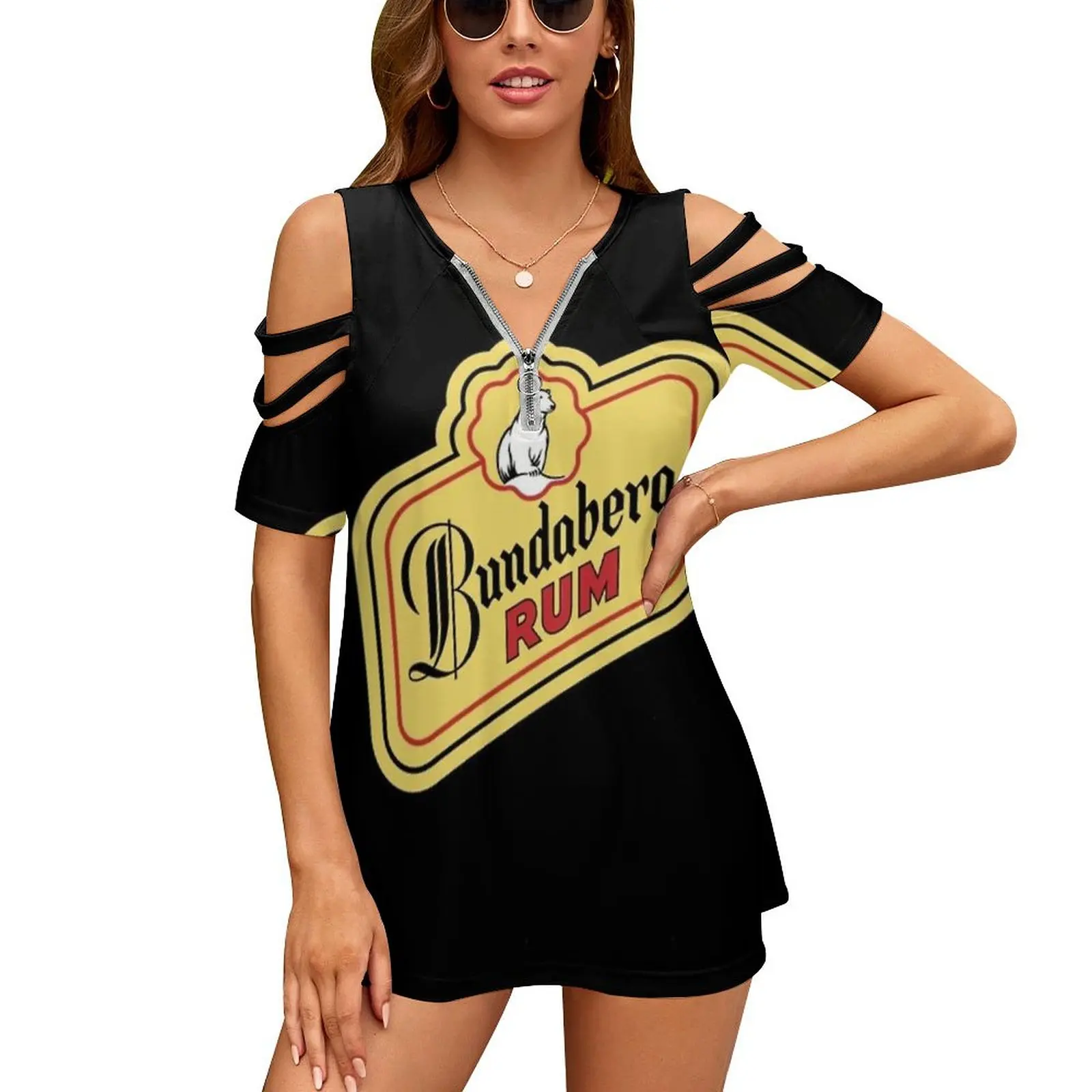 Bear Women's T-Shirt New Fashion Printed Zipper V-Neck Short Sleeve T Shirts Casual Plus Size Bundaberg Rum Logo Bundaberg Rum