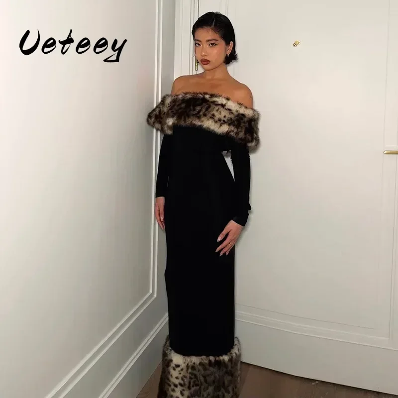 Ueteey Leopard Print Fluff Splicing Off the Shoulder Long Sleeve Maxi Dress Winter 2024 Sexy Going Out Party Evening Dresses