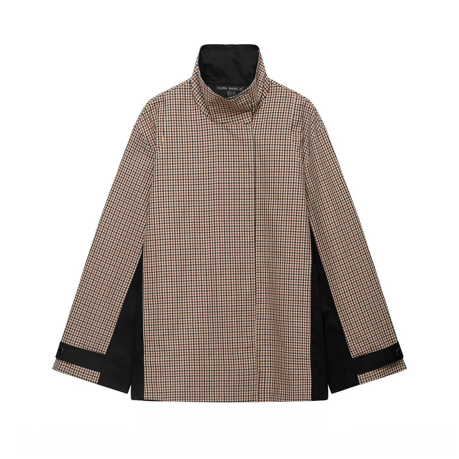 Fall 2026 Women's Casual Straight- Cut Plaid Color Block Collar Long Sleeve Short Parka Jacket Simple Design Autumn Outerwear