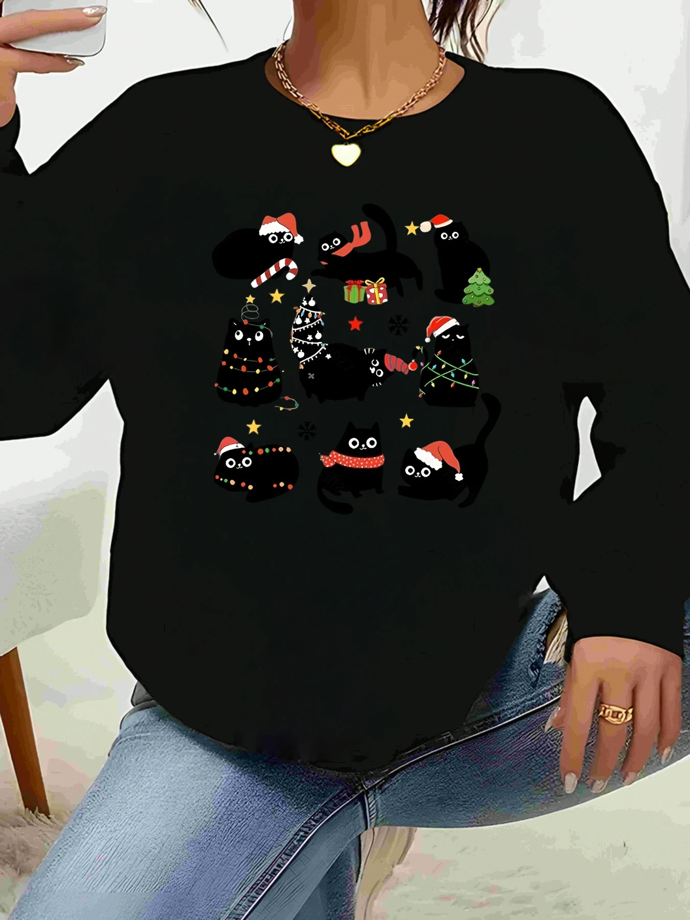 Suéter com estampa de gatos de Natal, roupa casual de férias, top feminino