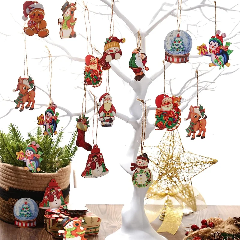 24pcs Christmas Winter Red Bell Socks Snowman Elk Gingerbread Candy Wooden Hanging Tree Decoration Pendant for Outdoor Festival