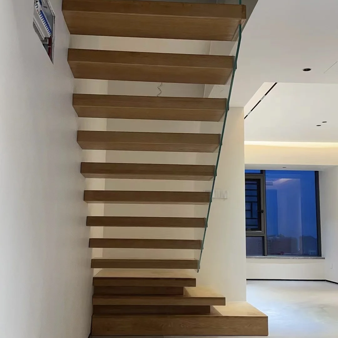 カスタマイズ可能な直線浮遊階段、カスタム住宅用階段、木製階段踏み板、木製階段キット